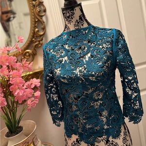 Guess Teal Floral Lace Long-Sleeve Top